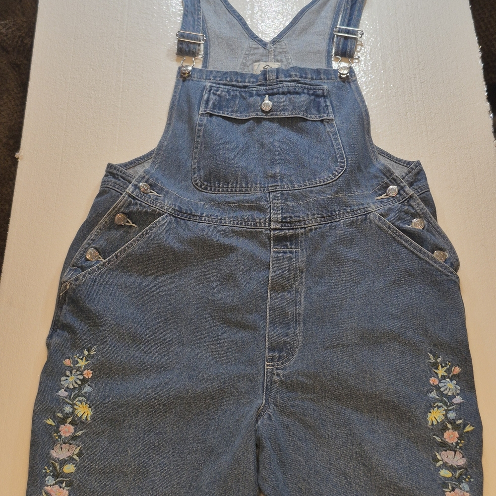 Denim Floral Embroidered Overalls